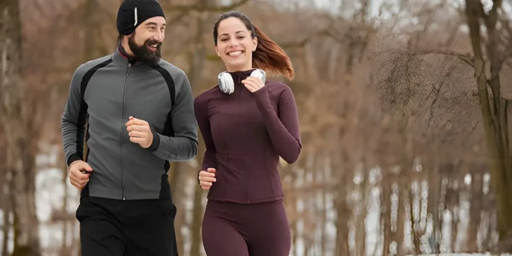 Couple wearing custom made tracksuit manufactured by fascicle international