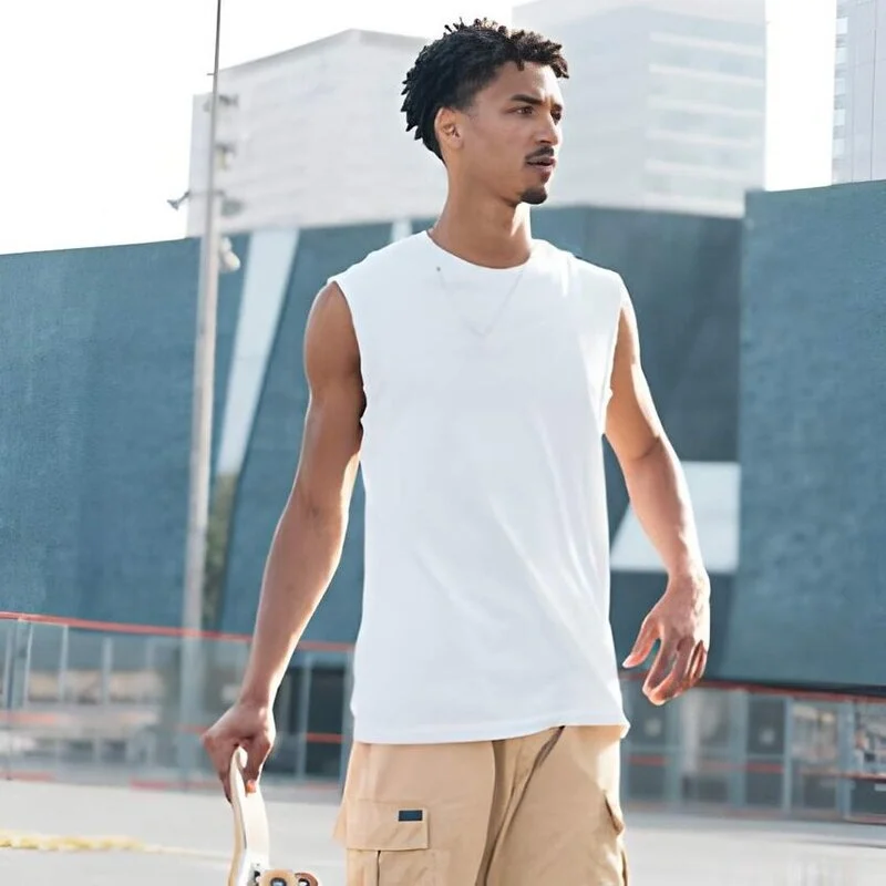 Men wear custom made white tank top