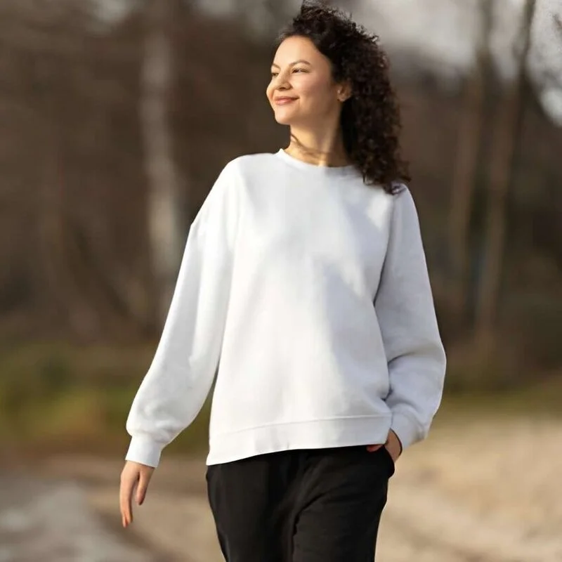 Women wear custom made white sweat shirt made by fascicle international