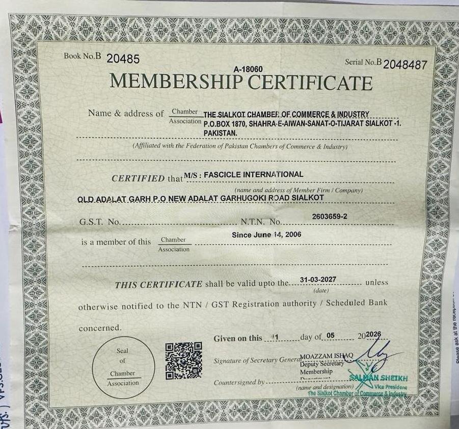 Fascicle International Sialkot Chamber Certificate
