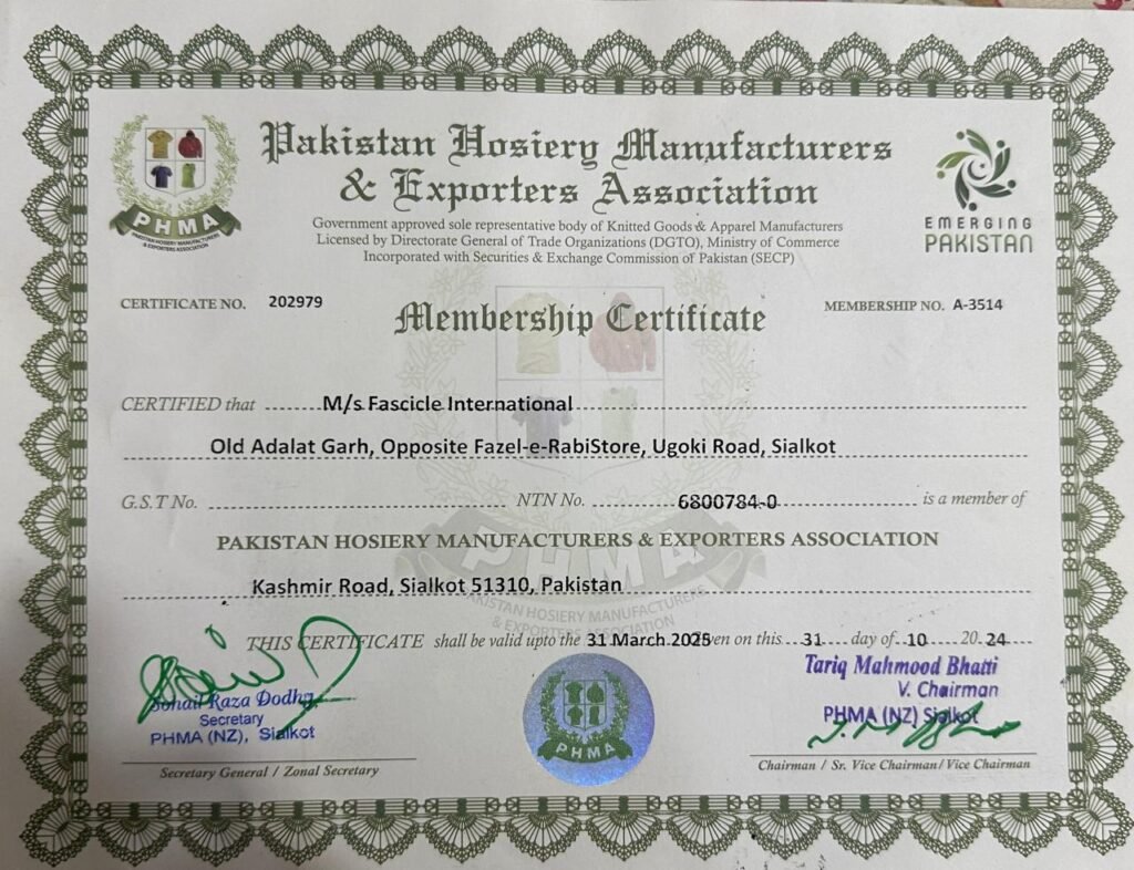 Pakistan Hosiery Manufacturers and Exporters Association Certificate